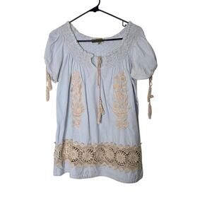 Rose and Rose Boho Peasant Top Small Blue Crochet Lace Floral Embroidered Cotton